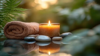The warm glow of an aromatherapy candle, infused with essential oils, enhances relaxation near a soft spa towel and smooth stones. A blurred background adds to the serene atmosphere.