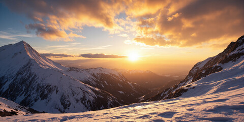 Snowy Mountain Peaks at Sunset Snow-covered mountain peaks are bathed in the warm, golden light of a setting sun