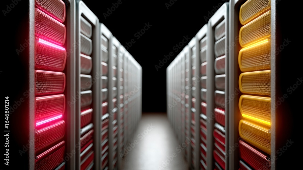 Poster rows of server racks with illuminated red and yellow indicator lights against a dark background