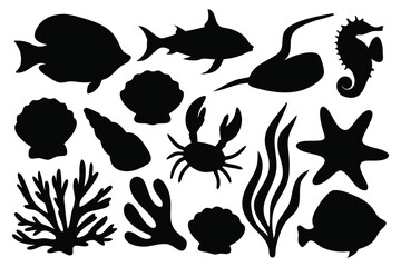  Sea life silhouettes set Vector illustration on white background