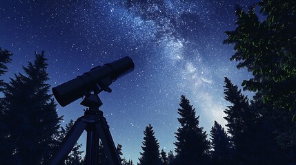 High tech observatory telescope aimed at a bright star filled sky on a cloudless night surrounded by lush pine trees creating an atmosphere of scientific curiosity and exploration