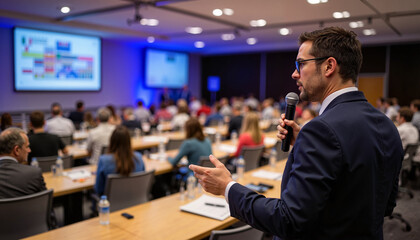 Businessman speaking at conference to engaged audience in modern venue  