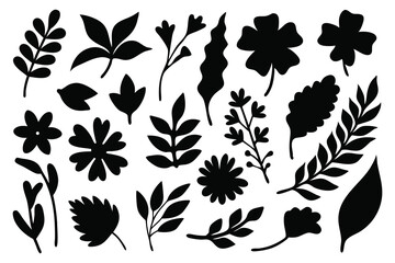 Simple botanical elements silhouettes set isolated flat vector illustration on white background.