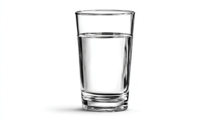 Clear glass shot glass, half-full of water, on white background