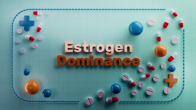 Animated text "Estrogen Dominance" on a 3D medical background. Ideal for biology education, cellular energy visuals, metabolic health, nutritional science, wellness content