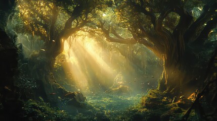 Enchanting Sunlight Piercing a Lush Jungle Canopy