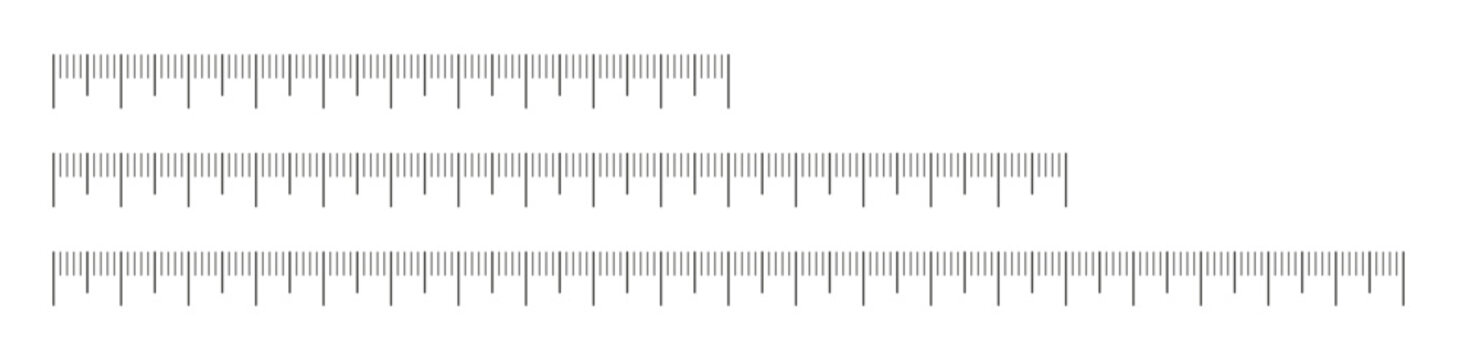 Set of measuring chart with 10cm, 15cm, 20 centimeters. Collection of ruler scale 100mm, 150 mm, 200mm without numbers. Templates of ruler scale. Length measurement height, math, distance, Sewing tool