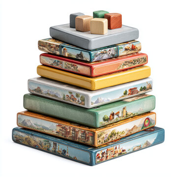 Stack of educational board games used in early learning, visible covers and pieces peeking out, tilted view for depth, isolated transparent background, classroom playtime concept