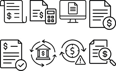 Collection of financial and document icons including calculator computer and bank money finance