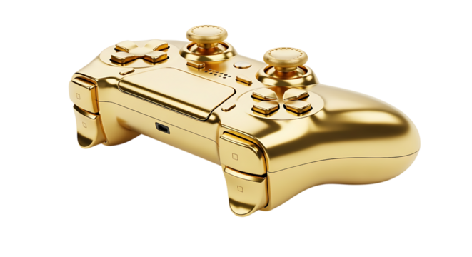 Golden gamepad controller isolated on transparent background for video game