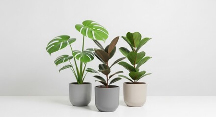 Obraz premium Collection of three popular indoor houseplants in modern grey and cream pots