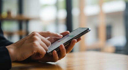 Persona revisando aplicación financiera en smartphone durante pausa de café en entorno relajado de trabajo remoto