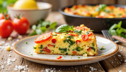 Colorful vegetable frittata served on a plate with fresh herbs  
