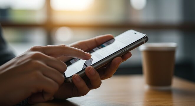 Persona revisando aplicaci&oacute;n financiera en smartphone durante pausa de caf&eacute; en entorno relajado de trabajo remoto