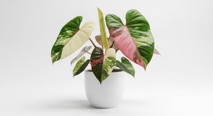 Beautifully variegated philodendron pink princess plant in a white pot
