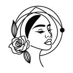 Woman face continuous one line vector drawing. Style templates with abstract female face and rose. Modern minimalist simple linear style. Beauty fashion design