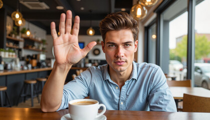 Fototapeta premium Young man waving while sitting at a table with coffee in cafe 