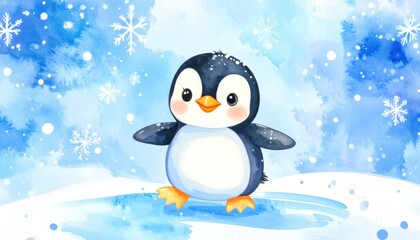 Cartoon baby penguin sliding on ice with snowflakes in the air 