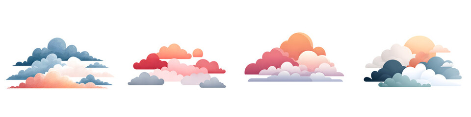 Fototapeta premium Stylized Cloudscape Illustrations - Set of Colorful Clouds on White