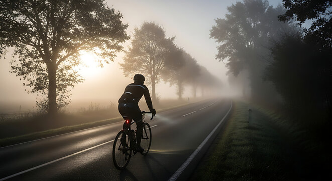 A lone cyclist rides on a country road into the misty sunrise, with trees lining the foggy path. - Powered by Adobe