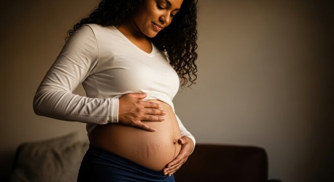 Young pregnant woman cradling her belly with a gentle smile indoors - Powered by Adobe