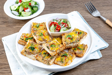 Deep Fried Minced Pork Toast on the wooden table