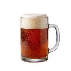 Large, gleaming clear glass mug filled with vibrant amber-brown tangy kvass, effervescent bubbles, creamy off-white foam head, on transparent background with soft studio lighting, refreshing beverage