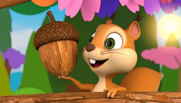 3D cartoon squirrel holding an acorn bigger than its head while smiling 