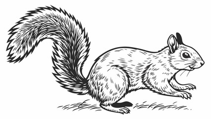 Illustration of a squirrel with a bushy tail in black and white line art style running on the ground created with generated ai