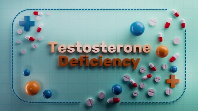 Animated text "Testosterone Decline" on a 3D medical background. Ideal for biology education, cellular energy visuals, metabolic health, nutritional science, wellness content
