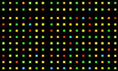 LED display, vibrant squares of color on dark background
