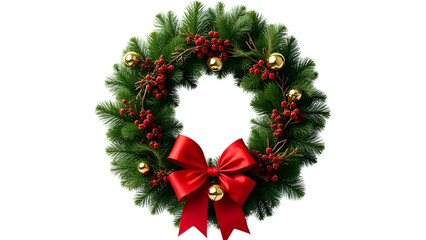 Lush Green Christmas Wreath Decorated with Red Berries Gold Ornaments and a Large Red Satin Bow Isolated on White Background