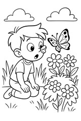 Fototapeta premium Coloring page featuring a boy surprised by a butterfly and flowers