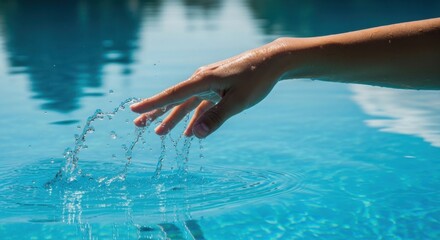 Close up of a person s hand gently touching the surface of a clear blue swimming pool