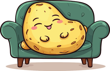 Fototapeta premium Cute Cartoon Potato Character Relaxing On A Green Sofa Funny Vector Illustration For Childrens Books Animated Content And Food Themed Designs