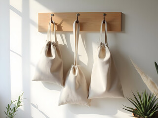 Three off white cotton drawstring pouches hanging on a light wood hook rack against a white wall bathed in soft sunlight near potted plants