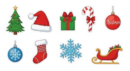 Set of 8 colorful sticker designs Christmas tree, Santa hat, gift box, candy cane, snowflake, bauble, stocking, sleigh