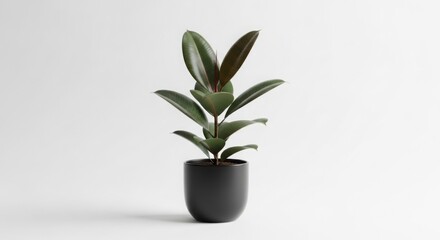 A tall green rubber plant in a simple black pot against a white background