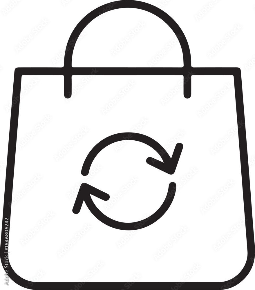 Poster simple outline icon of a shopping bag with a circular arrow symbol representing reuse or recycling