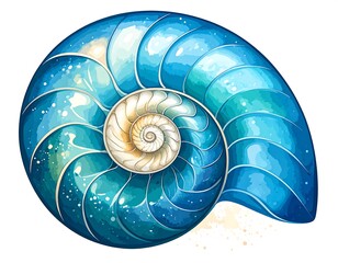 Blue spiral seashell, watercolor style, isolated on white