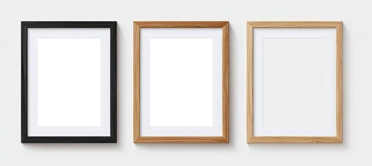 Three empty picture frames, black, light brown, and light beige