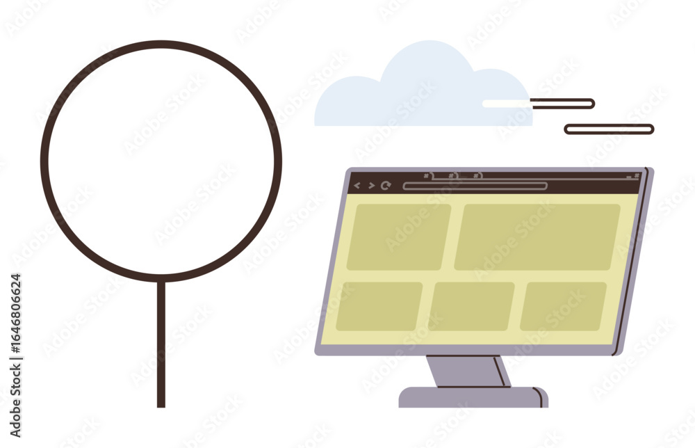 Aufkleber search magnifier next to desktop screen displaying browser interface under clouds. ideal for technol