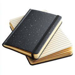 Traditional black composition notebook with white speckled pattern, slightly open to show lined pages, front 3/4 perspective, isolated transparent background, classic student notebook design