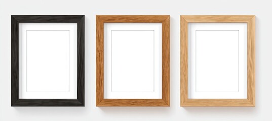 Three empty wooden picture frames in black, light brown, and medium brown