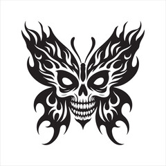Black Silhouette Butterfly with Skull Face and Flame Wings skeleton death
