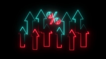 line percentage sign with direction up arrow icon animation glowing neon red and cyan color business dollar finance profit us coin currency on black background - Powered by Adobe