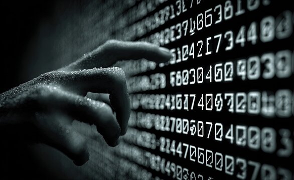 Wet hand touches a wall of numbers - Powered by Adobe