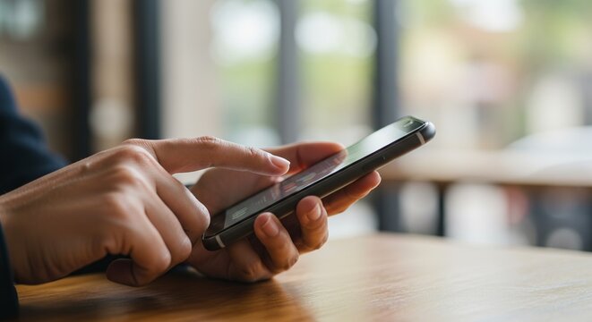 Manos sosteniendo e interactuando con teléfono móvil sobre mesa de café, en ambiente cálido y profesional de cafetería urbana
