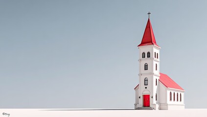 Small white church with red roof, serene landscape