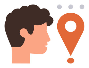Side profile of a person facing an orange location pin with exclamation mark, accompanied by three dots. Ideal for communication, location, creativity, ideas, messaging, navigation, simple flat